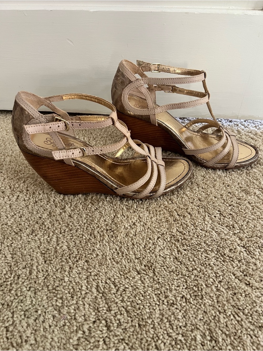 Seychelles Blush and Wood-Tone Strappy Wedge Sandals